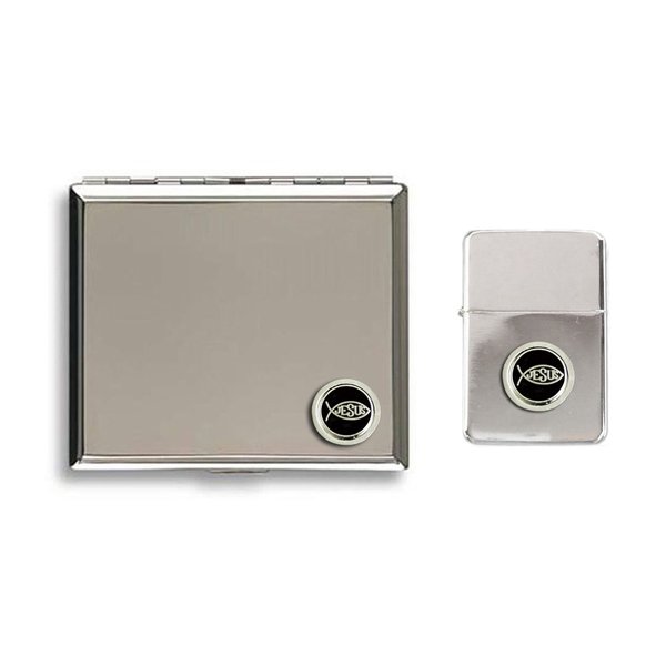Ichthus polished chrome cigarette case and stormproof petrol lighter